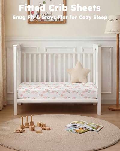 Nyessmee Fitted Crib Sheets for Baby, 2-Pack Pink Tulips, 52" x 28"
