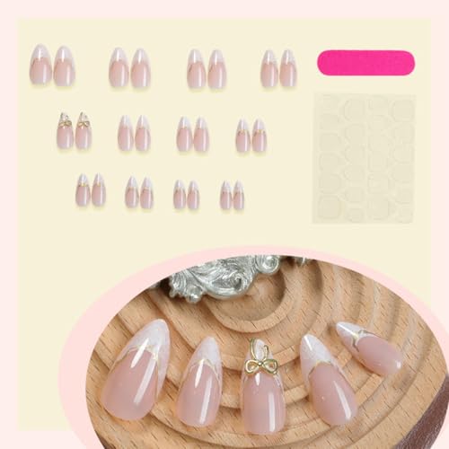 French Tip Press on Nails Medium Almond 3D Bow Fake Nails Kit
