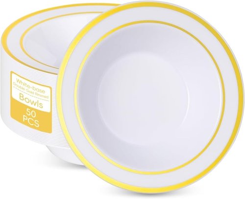 realluck 50 Pack Disposable Soup Bowls with Gold Rim,12oz Disposable Soup Bowls,Disposable Soup Dessert Salad Bowls for Wedding/Party/Catered Events