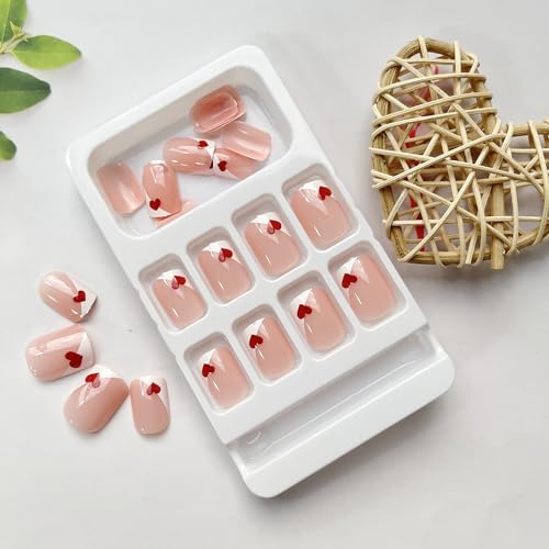 LYLYNB Valentine Heart Press on Nails French Tip Short Square Acrylic False Nails