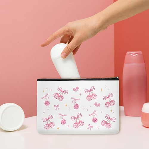Pink Bow Makeup Bag Waterproof Linen Travel Cosmetic Pouch for Women