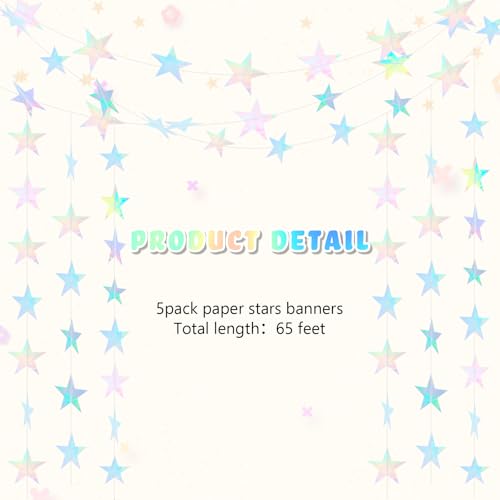 Iridescent Star Garland Decoration - 65 Ft Double Sided