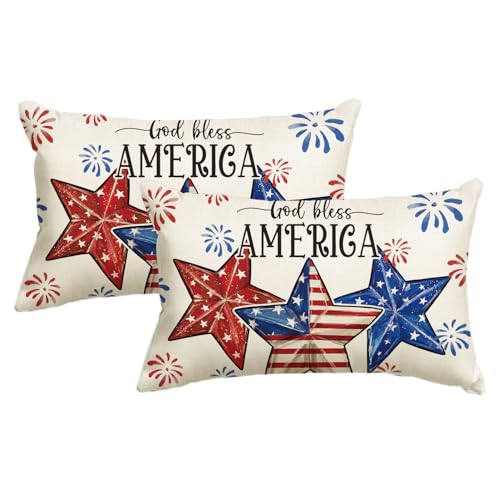 4th of July Patriotic Throw Pillow Covers 20x12 Inch - Set of 2