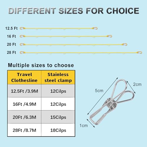 Portable Travel Clothesline Yellow 12.5 Ft - Windproof Laundry Line with Clothespins