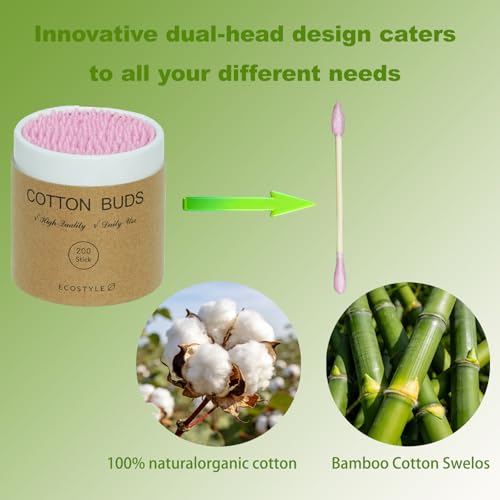Pink Bamboo Cotton Swabs 200 Count - Dual-Tip Wooden Buds in Paper Tube