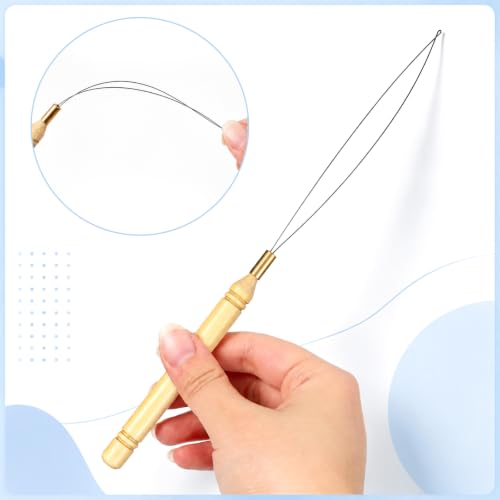 4Pcs Hair Extension Loop Tool Kit with Wooden Handle Threading Needles