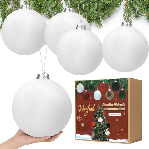 White 8-Inch Jumbo Velvet Christmas Ball Set of 4 - Large Holiday Tree Ornaments