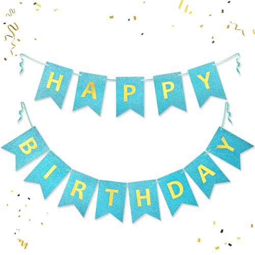 Light Blue Glitter Happy Birthday Banner Silver Sign for Party Decor