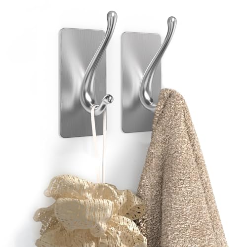 JCHOUS Adhesive Wall Hooks - Stainless Steel Towel & Utility Hooks for Bathroom, Kitchen, RV - 2 Pack