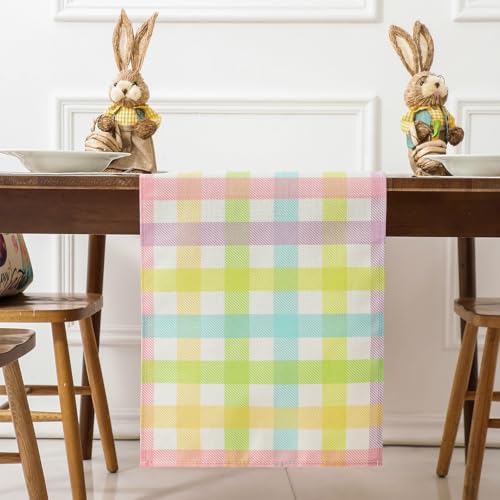 Pastel Buffalo Plaid Easter Table Runner Set with Placemats & Bags