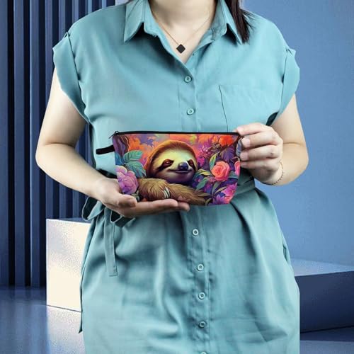 Floral Sloth Makeup Bag Padded Cosmetic Organizer Zipper Pouch for Women