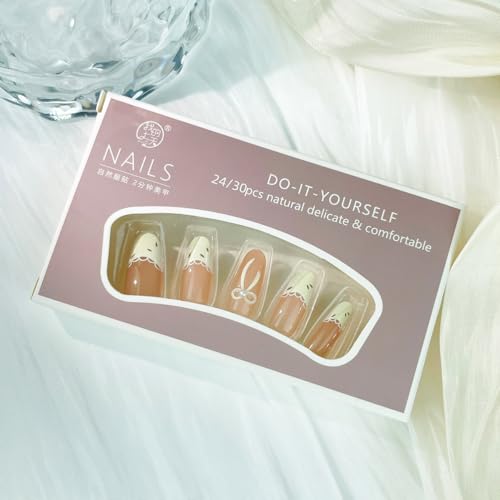 White French Tip Press On Nails with Bows & Pearls - Medium Round False Nails