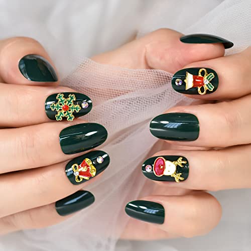 Christmas Deep Green Press on Nails 3D Rhinestone Oval Fake Nails