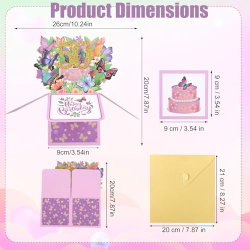 50th Birthday Pop-Up Card with Envelope - 3D Floral Butterfly Design