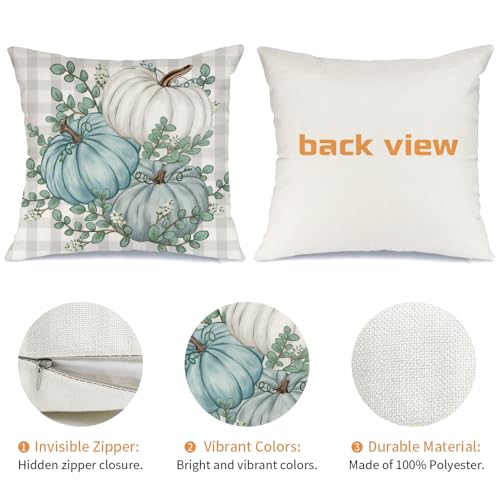 16x16 Inch Fall Pillow Cover - Buffalo Pumpkin & Eucalyptus Decor