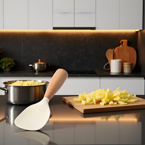 Cauaoa Heat Resistant Beige Silicone Rice Spoon - Standing Design