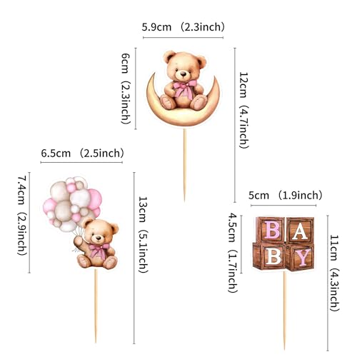 24 Pink Bear Cake Toppers for Baby Shower & Birthday Parties