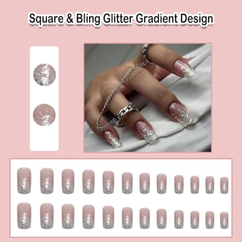 Square Press on Nails Ombre White Fake Nails with Bling Glitter Design