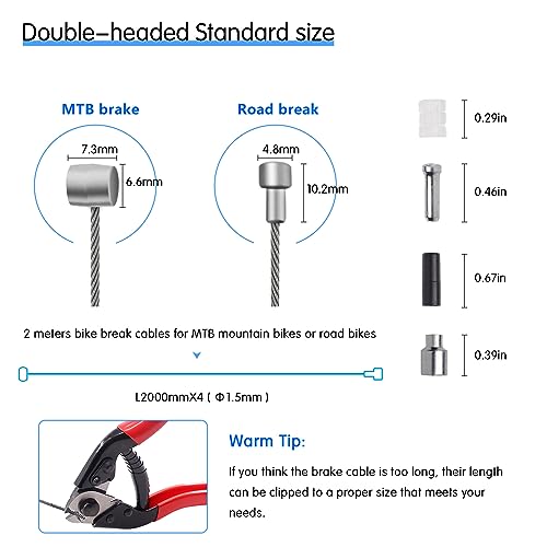 4PCS Universal Bike Brake Cable,Replaceable Brake Inner Wire Cable, Include Free Cable Cap End Crimps O-Rings Accessories, Professional Bicycle Brake Line For Mountain Bikes MTB or Road Bikes, 2M Long