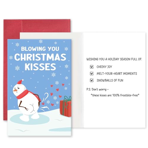 Funny Christmas Card with Snowman Blowing Kisses - Humorous Holiday Greeting