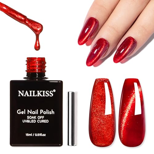 NAILKISS Cat Eye Magnetic Gel Nail Polish, Bright Red 0.34 Fl Oz with Magnet Stick
