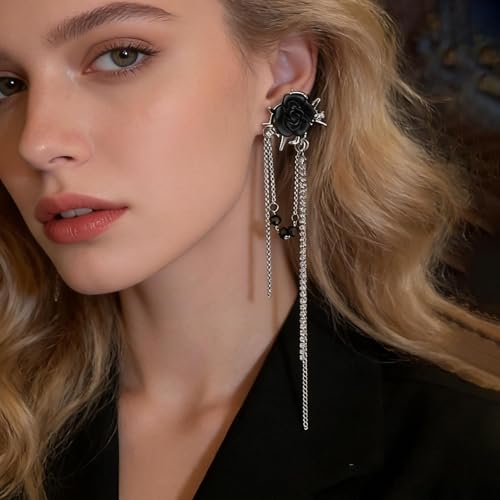Black Rose Flower Long Rhinestone Chain Drop Earrings Ear Cuff