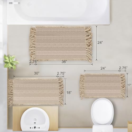 Super Absorbent Waffle Bath Mat with Tassels - Non-Slip, Soft, Quick Dry, 17"x24" Khaki