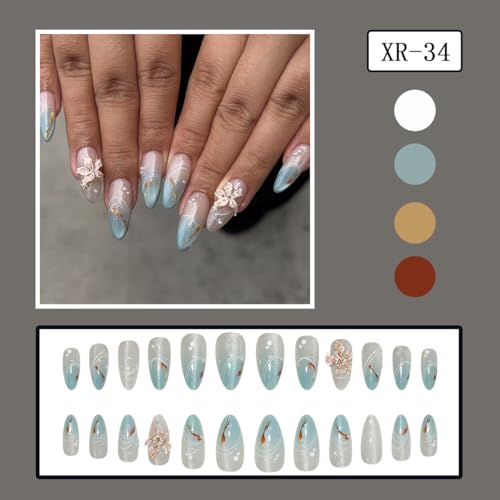Blue French Tip Press On Nails with 3D Hibiscus Flower Charms