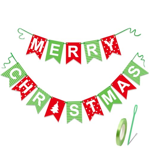 Merry Christmas Banner - Red Green Hanging Decoration, 6.15x5.12in