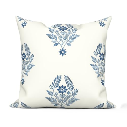 Blue Floral Vintage Pillow Cover 18x18 - Cozy Linen, Quick-Dry