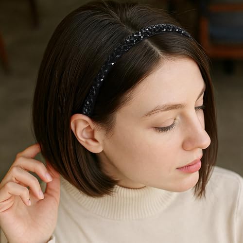 Bremorou Black Rhinestone & Pearl Headband, 4-Row Thin Beaded Hairband for Women