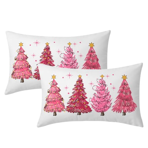 Set of 2 Pink Christmas Tree Lumbar Throw Pillow Covers 12x20