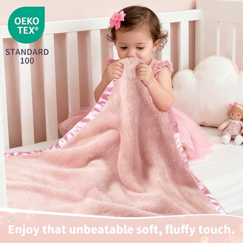 Light Pink Plush Baby Blanket with Satin Trim - 30x40 Inch
