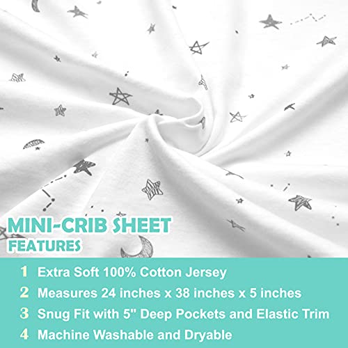 2 Pack Mini Crib Sheets - 100% Cotton, Gray Star & White, 38x24