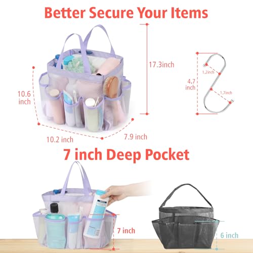 Purple Mesh Shower Caddy - Large 8-Pocket Dorm Bag with S-Hook