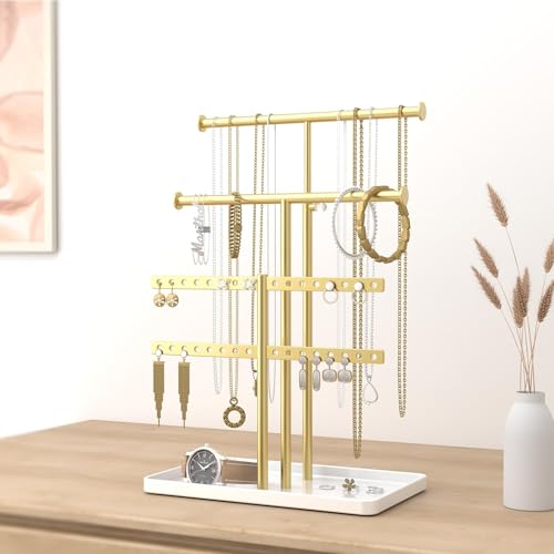 Adjustable Metal Jewelry Holder Organizer Stand for Necklaces & Bracelets (Gold)