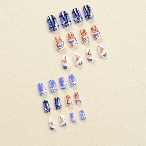 SWEKKE Christmas Press on Nails Short Round Winter Fake Nails Blue Glossy