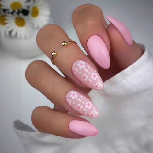 Pink Press on Nails Medium Almond Fake Nails with Flower Design 24 Pcs