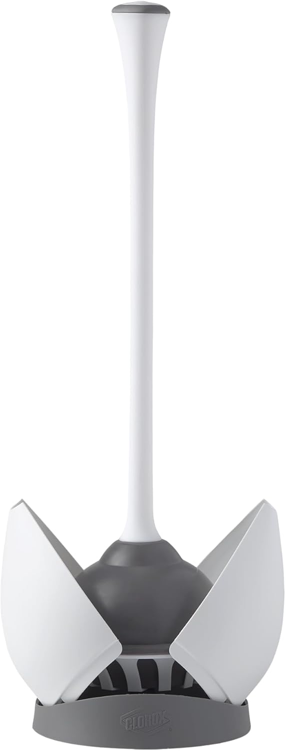 Clorox Toilet Plunger - Heavy-Duty Design with Non-Skid Rubber Base | Compact Holder Caddy, 6.5x19.5-Inch, White