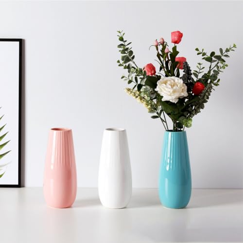 Valemoon White Ceramic Vase - 7.5 Inch Modern Striped Flower Holder for Pampas, Tulips, Calla Lilies, Minimalist Home Decor