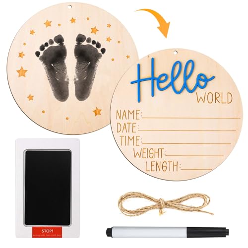 Wooden Baby Announcement Sign Set with Ink Pad - 5.9in Birth Plaque
