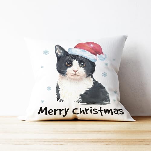 Christmas Cat Pillow Cover 18x18 - Cotton Linen Decorative Throw Pillow for Cat Lovers