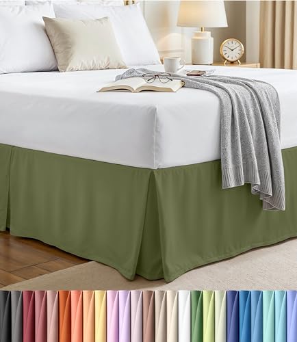 King Bed Skirt 16-Inch Drop, Pleated Olive Microfiber