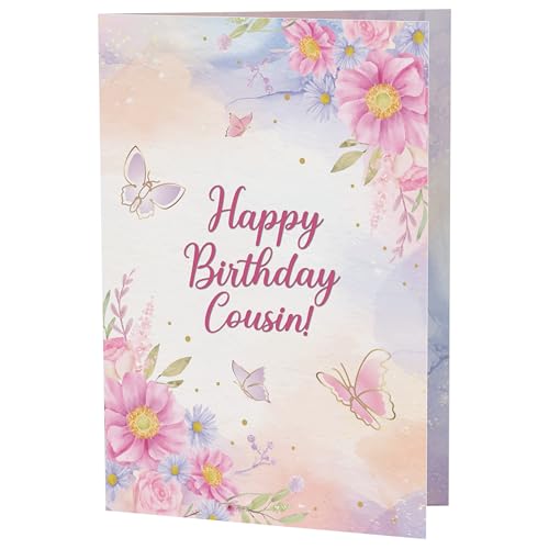 Premium Cousin Birthday Card - Floral Butterfly Design, A5 Size