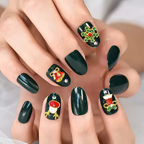 Christmas Deep Green Press on Nails 3D Rhinestone Oval Fake Nails