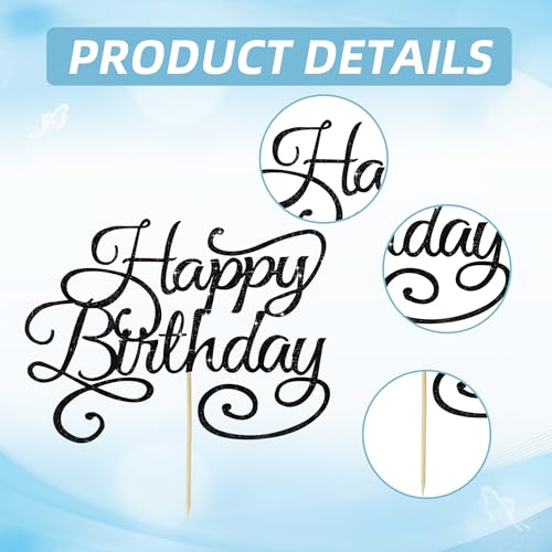 Happy Birthday Cake Topper - Black Glitter Decoration