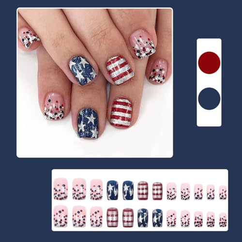 Independence Day Press on Nails Short Square Glossy Acrylic Star Design