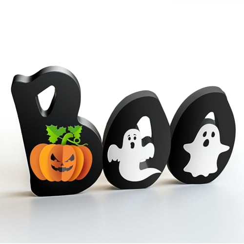 LLPMutu Wooden BOO Sign Halloween Table Decoration with Pumpkin and Ghost