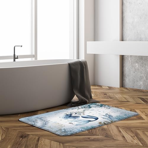 Mermaid Bath Mat, Blue Ocean Memory Foam Bathroom Rug 18" x 30"