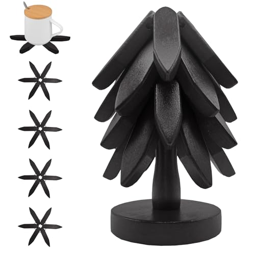 Black Wooden Trivets for Hot Dishes Christmas Tree Set Stackable Home Decor